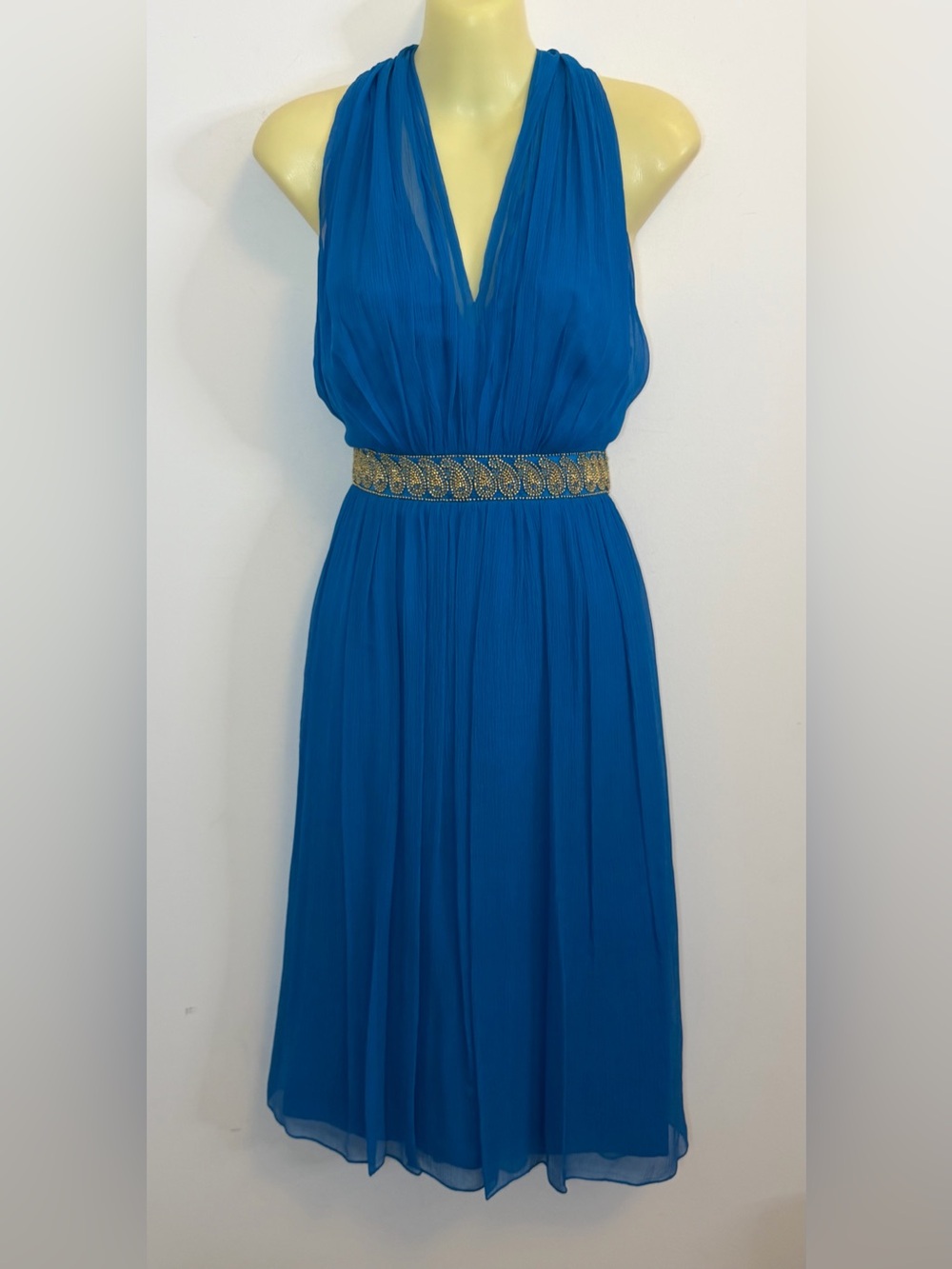 Maggy London Cobalt Blue Silk Halter Dress with Gold Embellished Waist